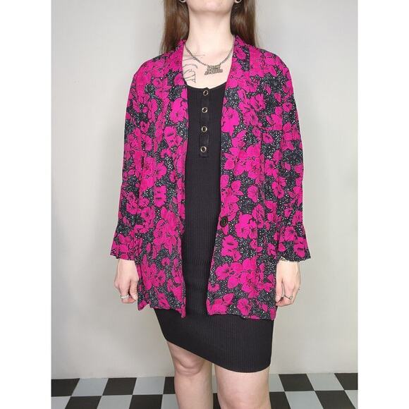 80s Vtg Pink Floral Black White Polka Dot JP Collection Long Sleeve Blazer Sz L - Picture 7 of 9